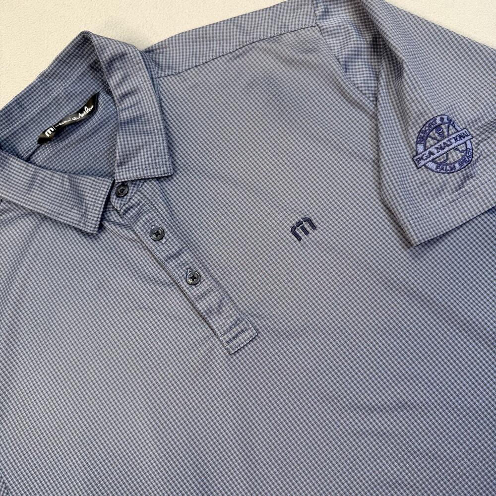 TravisMathew Polo Shirt Mens Large Blue Check PGA National Golf Stretch Top